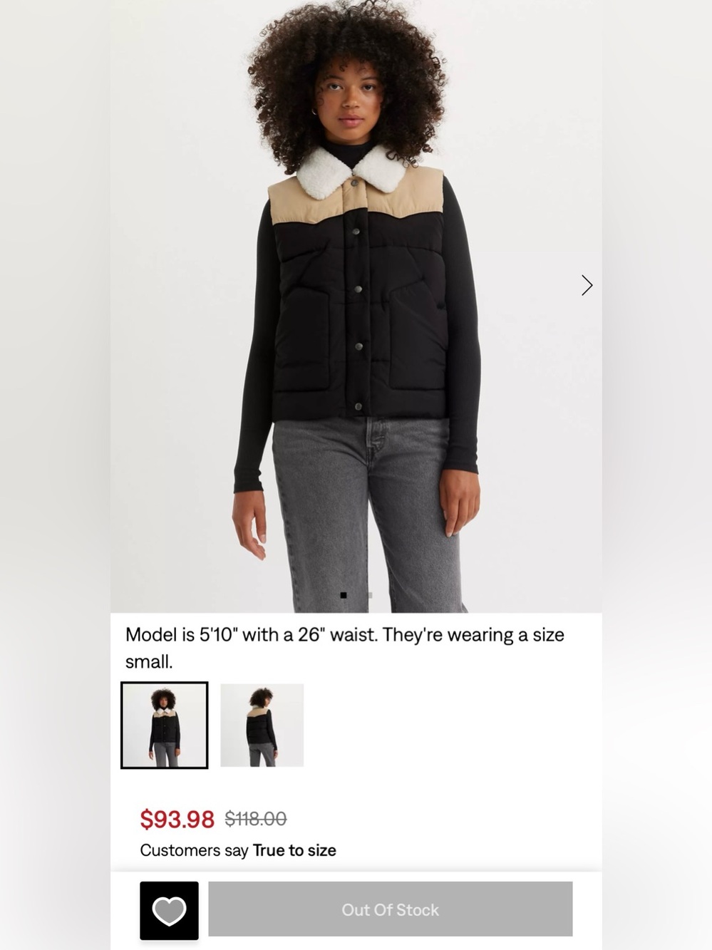 Levi's Black & Tan Two-Tone Puffer Vest with Faux Shearling Collar